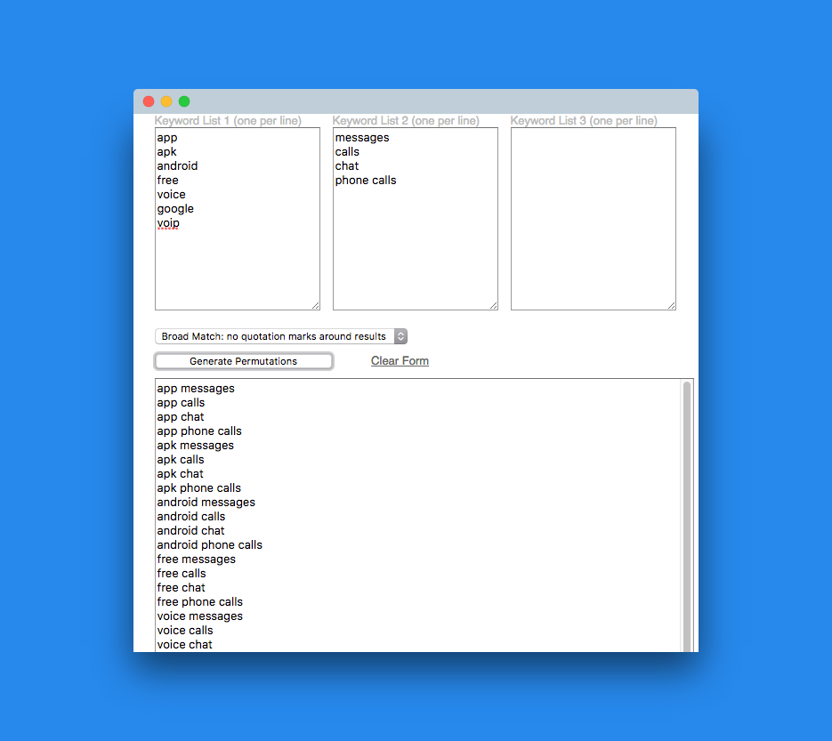 AdWord & SEO Keyword Permutation Generator למחקר מילות מפתח לשיווק אפליקציות
